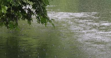 江南园林河边雨季下雨雨滴空镜